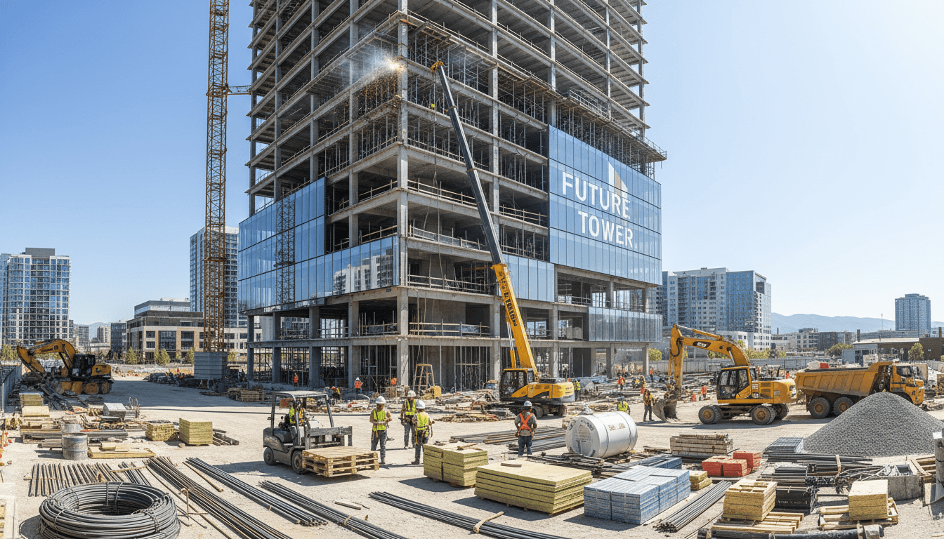 Chantier de construction moderne avec équipe professionnelle au travail